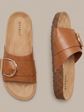 BAMBOO Tan Slide Sandals with Gold Buckle